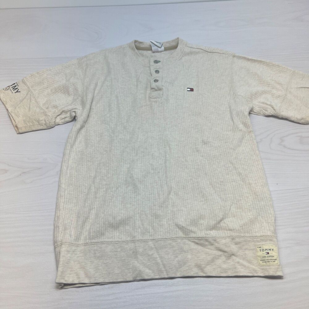 Tommy Hilfiger Henley Shirt Mens L Beige Cotton Short Sleeve